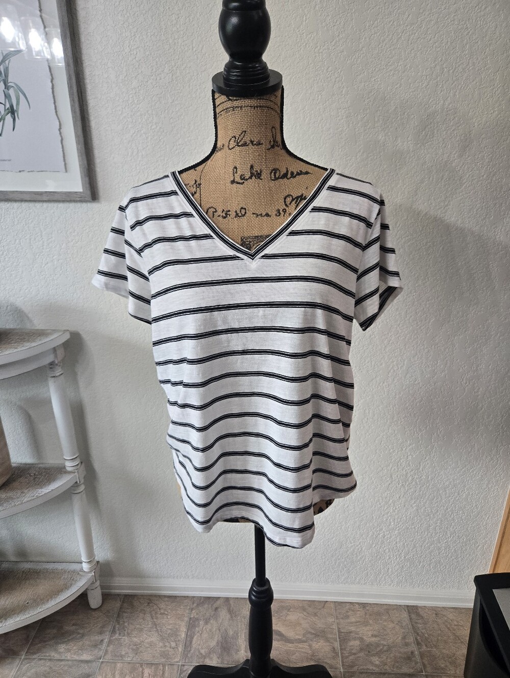 Sonoma White and Black Striped V-Neck Short Sleeve Tee
